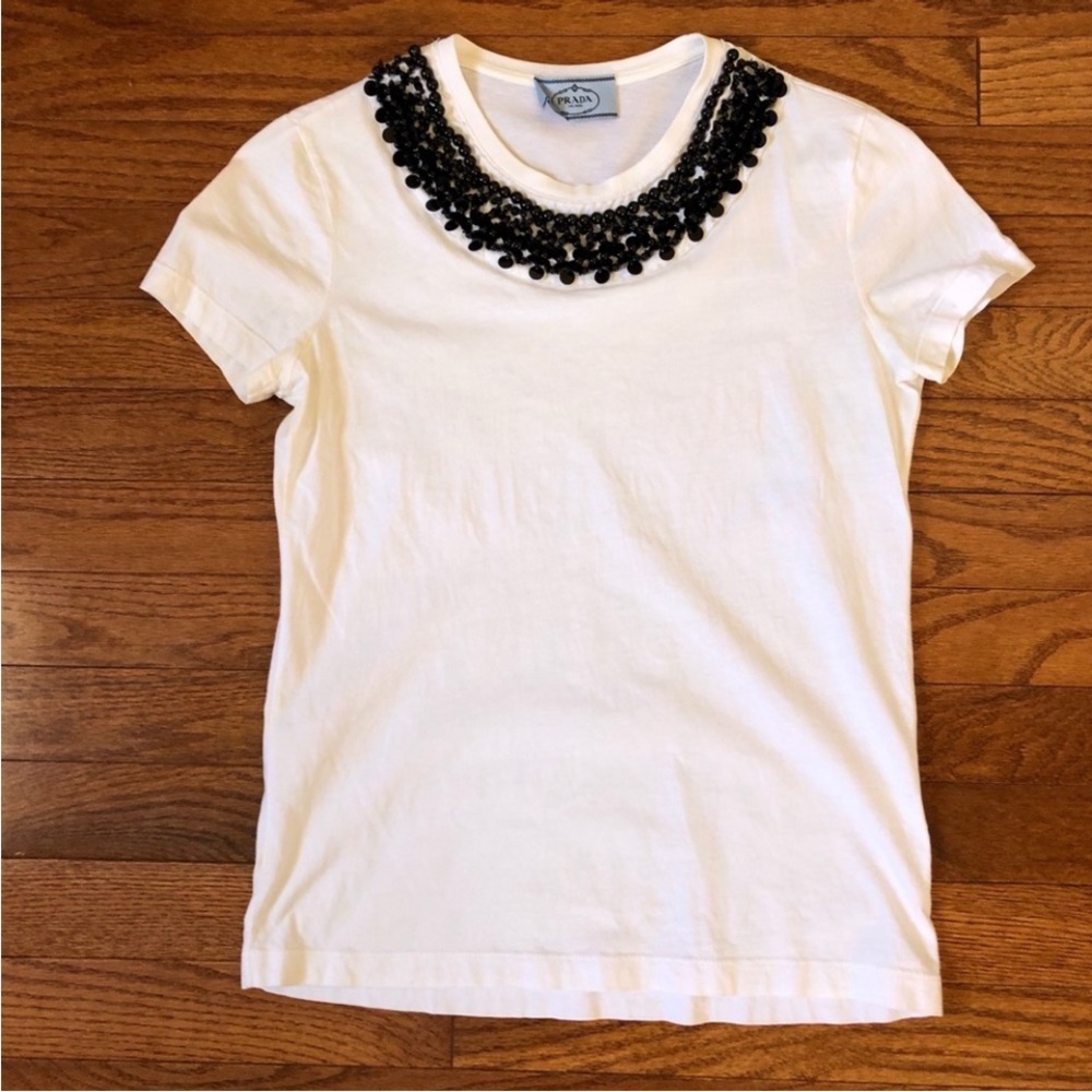 Prada Cream/White Tee with Black Beaded Collar